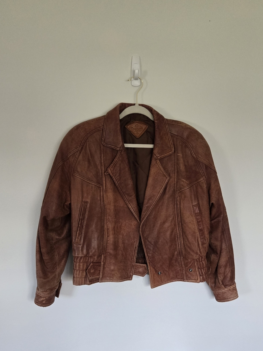 Vintage Style Brown Leather Jacket Distressed Patina Italy Buttons - Picture 2 of 10